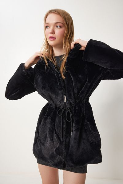 Happiness İstanbul Women's Black Zippered Oversize Furry Plush Coat RV00149