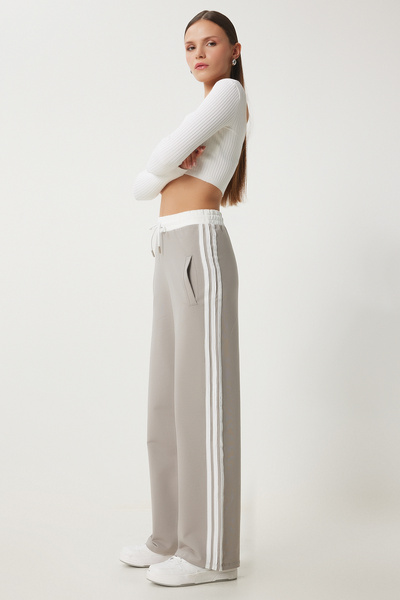 Happiness İstanbul Grau-weiß gestreifte Damen-Jogginghose mit weitem Bein – XR00020