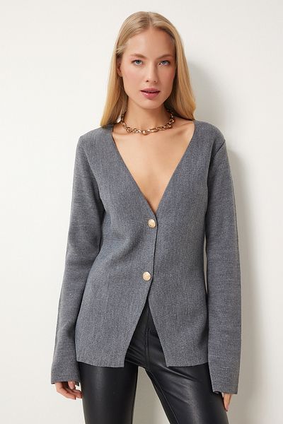 Happiness İstanbul Damen-Strickjacke in Anthrazit mit V-Ausschnitt, stilvoll, geknöpft, MT00155