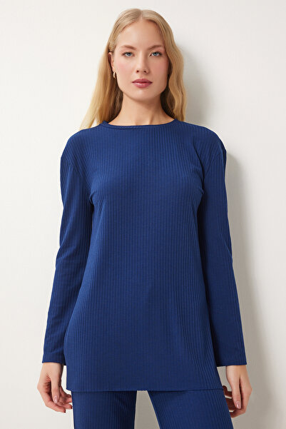 Happiness İstanbul Navy Blue Women's Knitted Blouse and Trousers Set - Comfortable Corduroy Ow00054