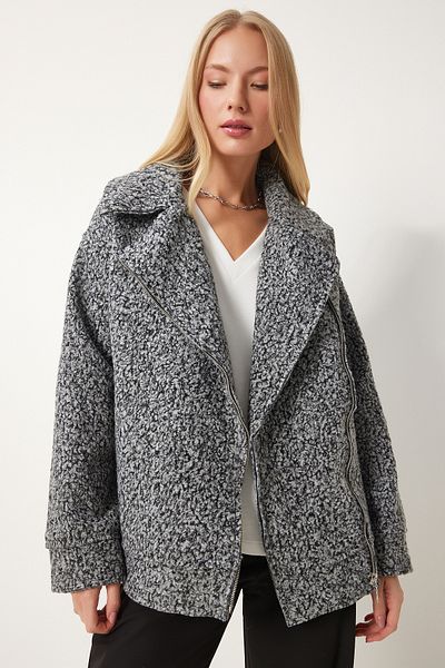 Happiness İstanbul Women's Gray Shawl Collar Boucle Jacket Fn03386
