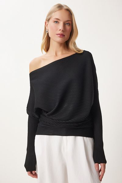 Happiness İstanbul Pulover de damă negru cu guler asimetric cu nervuri FN03383