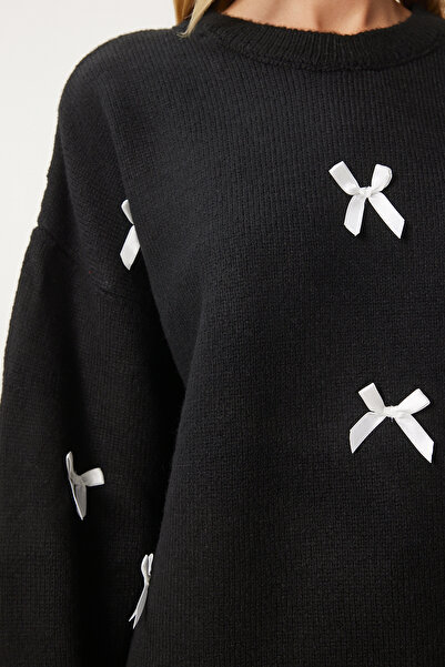 Happiness İstanbul Schwarzer Strickpullover mit Schleife für Damen SV00013