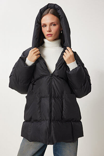 Happiness İstanbul Dámský černý oversize nafukovací kabát s kapucí RV00002