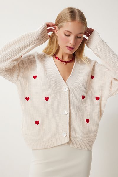 Happiness İstanbul Women's Cream V-Neck Heart Textured Knitwear Cardigan Kg00011