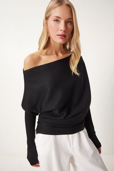 Happiness İstanbul Pulover de damă negru cu guler asimetric cu nervuri FN03383