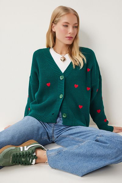 Happiness İstanbul Smaragdgrüne Strickjacke mit V-Ausschnitt und Herzstruktur für Damen KG00011