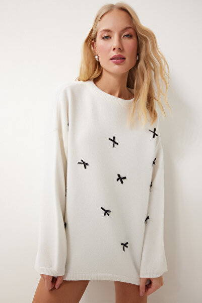 Happiness İstanbul Women's Ecru Bow Detailed Oversize Knitwear Sweater Kb00042