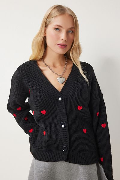 Happiness İstanbul Women's Black V-Neck Heart Textured Knitwear Cardigan Kg00011