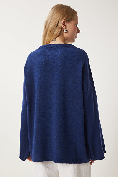 Happiness İstanbul Marineblauer, übergroßer Strickpullover mit Schleife für Damen KB00042