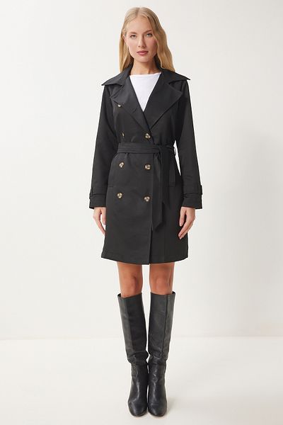 Happiness İstanbul Women's Black Double-Breasted Collar Belted Seasonal Trench Coat Dd01345