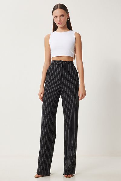 Happiness İstanbul Women's Black Striped Comfortable Woven Trousers To00158