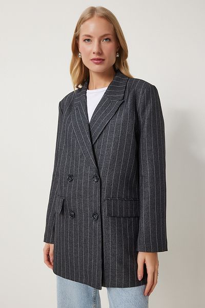 Happiness İstanbul Women's Anthracite Double Breasted Collar Striped Woven Jacket Fn03385