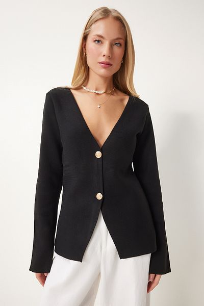 Happiness İstanbul Women's Black V-Neck Stylish Buttoned Knitwear Cardigan Mt00155