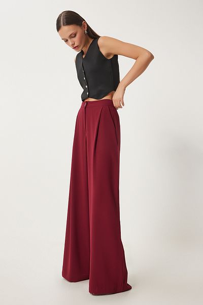 Happiness İstanbul Burgunderrote, gewebte Palazzo-Hose mit Taschen für Damen UL00052