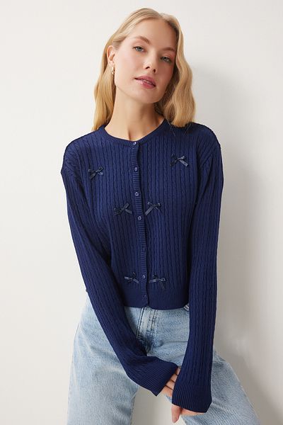 Happiness İstanbul Women's Navy Blue Bow Knitted Knitwear Cardigan Pf00102