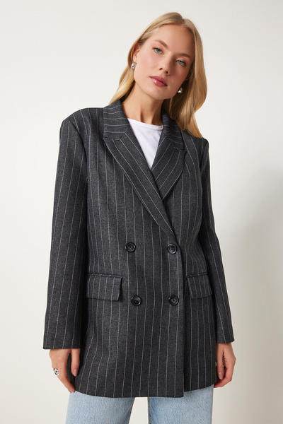 Happiness İstanbul Women's Anthracite Double Breasted Collar Striped Woven Jacket Fn03385
