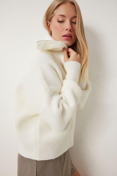 Happiness İstanbul Damen-Strickjacke MX00173 in Ecru mit Reißverschlusskragen
