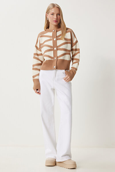 Happiness İstanbul Dámská norková Ecru kontrastní barva Stylový pletený svetr na knoflíky Mx00174