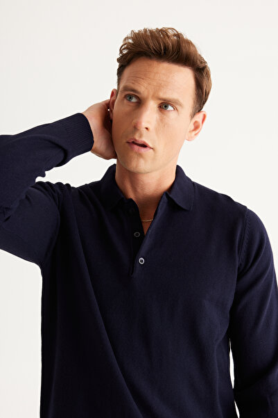 AC&Co / Altınyıldız Classics Синій чоловічий трикотажний светр з поло - не кошлатиться, не катиться, стандартний крій