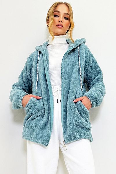 Trend Alaçatı Stili Dámská mátová mikina s kapucí vepředu na zip s dvojitou kapsou oversize plyšová mikina ALC-X7332