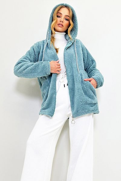 Trend Alaçatı Stili Dámská mátová mikina s kapucí vepředu na zip s dvojitou kapsou oversize plyšová mikina ALC-X7332