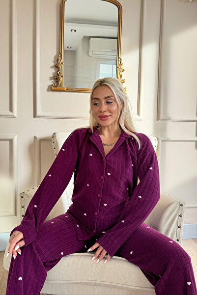 Pijamaevi Mürdüm Jantung Desenli Önden Düğmeli Peluş Polar Pijama Takımı