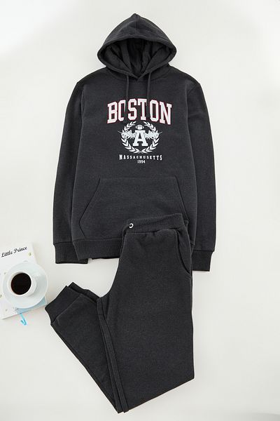 Edit by Trendyol Men's Tracksuit Set - Anthracite, City Printed, Regular Cut Tedaw25Em00008