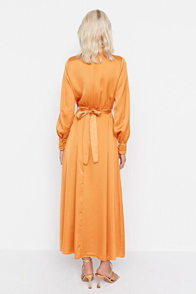 Trendyol Modest Orange Collar and Cuff Drape Detailed Belted Woven Evening Dress TCTSS22EB0142