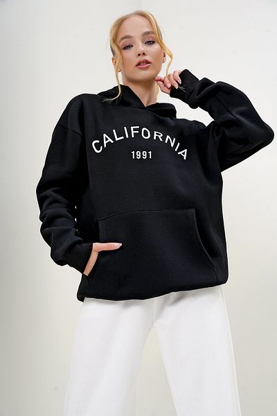 Trend Alaçatı Stili Schwarzes Kapuzen-Kangru-Sweatshirt – Textdruck, Tasche, dreifädiges Raster ALC-X13079