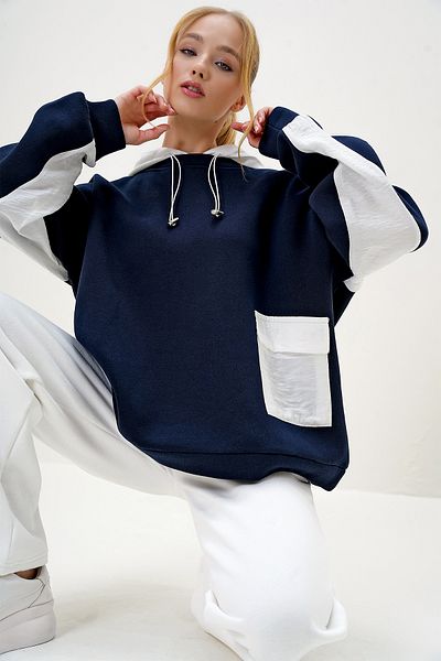 Trend Alaçatı Stili Námornícka modrá oversize dámska mikina s kapucňou – Alc-X12968