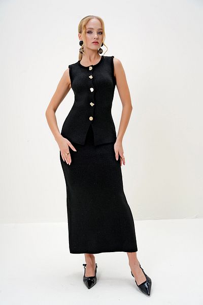 Trend Alaçatı Stili Damen-Set aus langer Strickweste und Rock mit Knöpfen in Schwarz und Gold ALC-X13029