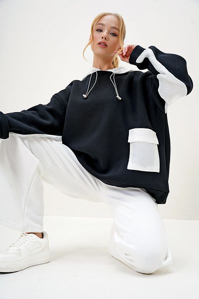 Trend Alaçatı Stili Black Oversize Hooded Women's Sweatshirt - Alc-X12968
