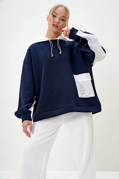Trend Alaçatı Stili Námornícka modrá oversize dámska mikina s kapucňou – Alc-X12968