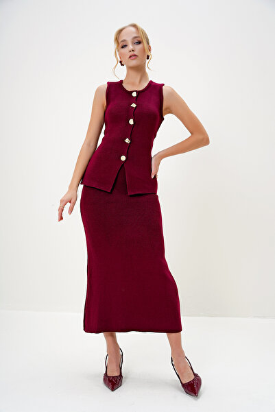 Trend Alaçatı Stili Női bordó arany gombos részletes hosszú kötöttáru mellény és szoknya szett ALC-X13029