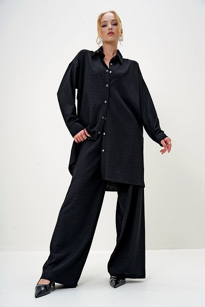 Trend Alaçatı Stili Damen-Set mit schwarzem Hemd, Kragen, Knopfleiste vorne, Hemd und Hose ALC-X13122