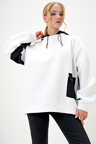 Trend Alaçatı Stili Weißes Oversize-Sweatshirt mit Kapuze für Damen - ALC-X12968