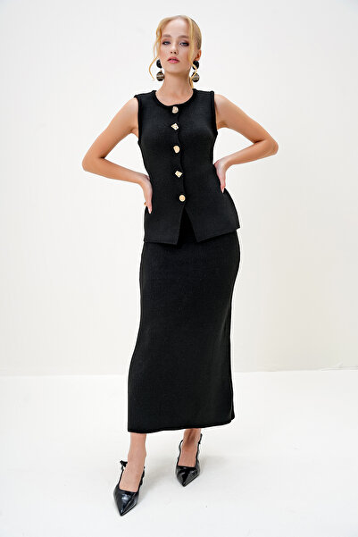 Trend Alaçatı Stili Női fekete arany gombos részletes hosszú kötöttáru mellény és szoknya szett ALC-X13029
