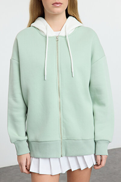 Trendyol Collection Mint Color Blocked Oversize/Wide Fit Pletená mikina s kapucí a zipem Twoaw25Sw00101