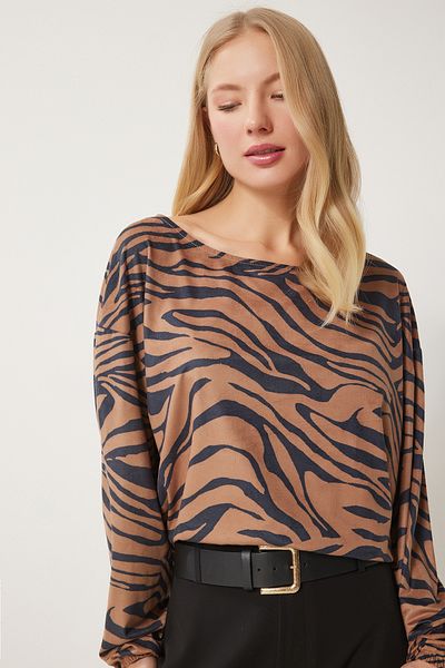 Happiness İstanbul Schwarz-beige Wildlederbluse mit Zebramuster für Damen FN03401