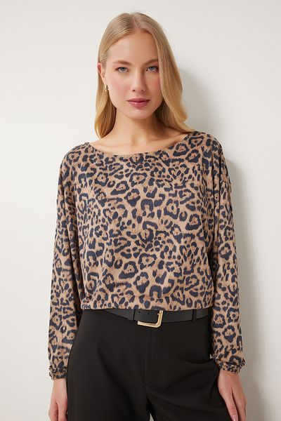 Happiness İstanbul Women's Black Beige Leopard Patterned Blouse Fn03402