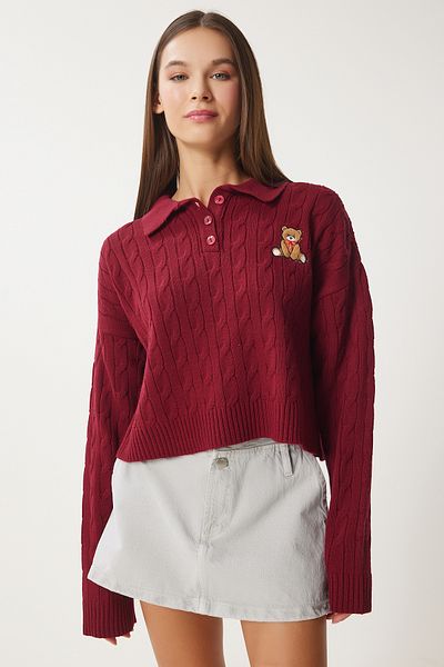 Happiness İstanbul Damen-Strickpullover mit bordeauxrotem Motiv ZH00043