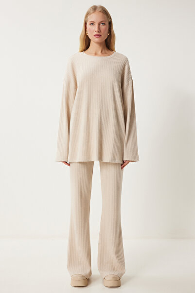 Happiness İstanbul Női krém kényelmes bordás kötött blúz nadrágkosztüm RG00047