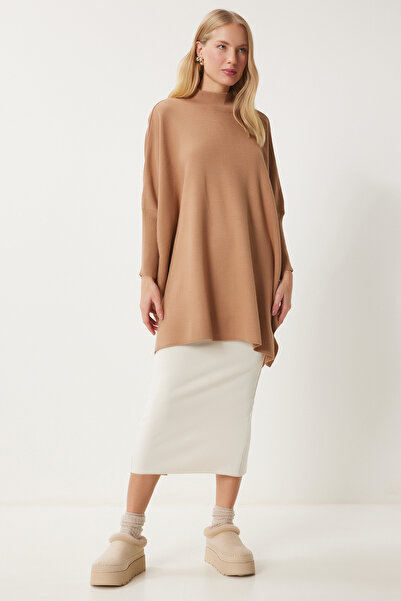 Happiness İstanbul Poncho oversize pentru femei, culoare biscuit, cu fantă laterală, YY00005