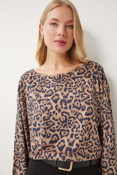 Happiness İstanbul Women's Black Beige Leopard Patterned Blouse Fn03402
