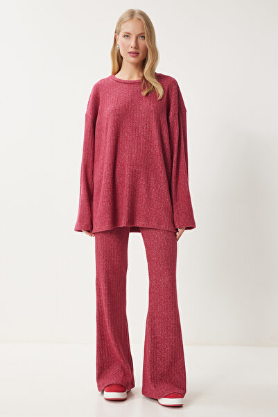 Happiness İstanbul Kadın Kırmızı Rahat Fitilli Örme Bluz Pantolon Takım RG00047