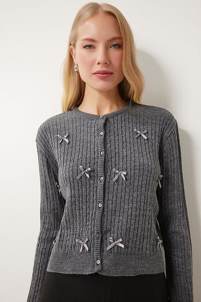 Happiness İstanbul Women's Anthracite Bow Knitted Knitwear Cardigan Pf00102