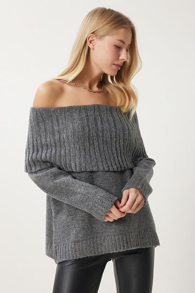 Happiness İstanbul Women's Gray Madonna Collar Knitwear Sweater Mt00156