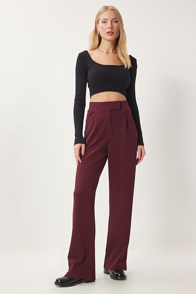Happiness İstanbul Burgunderrote, bequeme, gewebte Damenhose mit Klettverschluss RV00150
