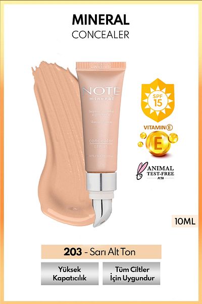 NOTE خافي عيوب معدني بعامل حماية من الشمس SPF 15 - خافي عيوب مكثف، خافي عيوب تحت العين برأس معدني 203 متوسط داكن